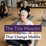 Pinterest pin showing a midlife woman in a yoga studio resting between pelvic floor exercises