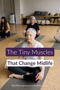 Pinterest pin showing a midlife woman in a yoga studio resting between pelvic floor exercises