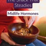 Pin showing best nuts for menopause: almonds, walnuts and Brazil nuts in a bowl