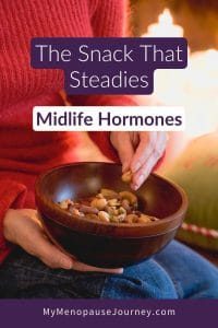 Pin showing best nuts for menopause: almonds, walnuts and Brazil nuts in a bowl