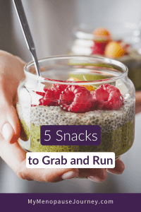 snacks-on-the-go-blog Pin showing 5 easy snacks on the go recipes for midlife — energy balls, chia jars, smoothies