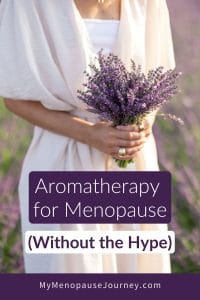 Pin showing a woman in her fifties inhaling lavender essential oil for menopause symptom relief