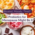 Top-down view of fermented probiotic foods for menopause &mdash; sauerkraut, kimchi, kefir, yogurt, and dark chocolate