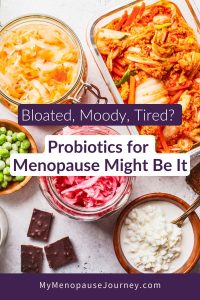Top-down view of fermented probiotic foods for menopause &mdash; sauerkraut, kimchi, kefir, yogurt, and dark chocolate