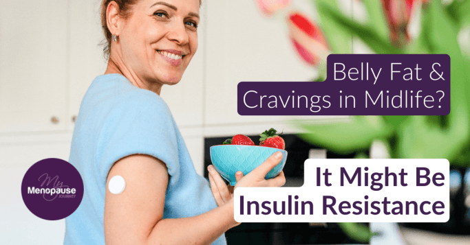 Midlife woman with glucose sensor and bowl of fresh strawberries — managing insulin resistance naturally over 40