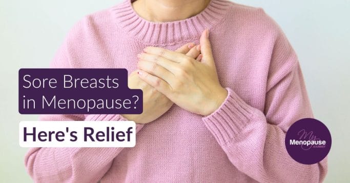 Relaxed midlife woman easing breast tenderness in menopause at home
