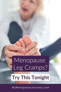 menopause-leg-cramps-blog Pin for menopause leg cramps remedies showing woman stretching her calf before bed