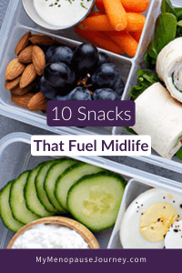 Pin showing easy healthy snacks for midlife women: yogurt, berries, eggs and veggie sticks