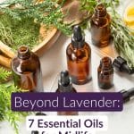 Pin showing amber essential oil bottles with dried herbs — lesser-known essential oils for midlife women