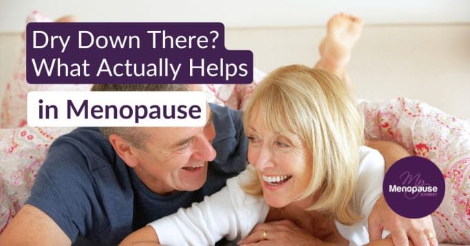 Midlife couple laughing together in bed, at ease again with natural lubricants
