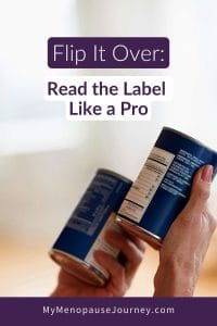 Pin showing how to read food labels after 40: serving size, added sugars, %DV