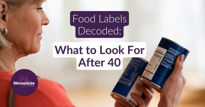 Midlife woman reading food labels on a package in the grocery aisle