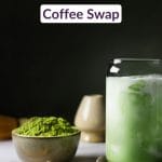 Woman whisking bright green matcha in a bowl at her kitchen counter