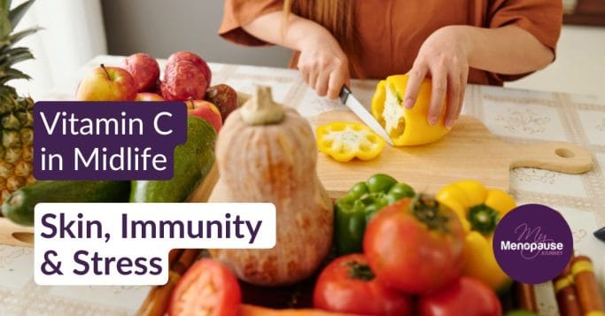 Midlife woman with vitamin C-rich foods — skin, immunity, stress