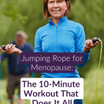 Smiling midlife woman in a blue jacket holding jump rope handles outdoors &mdash; jumping rope for menopause