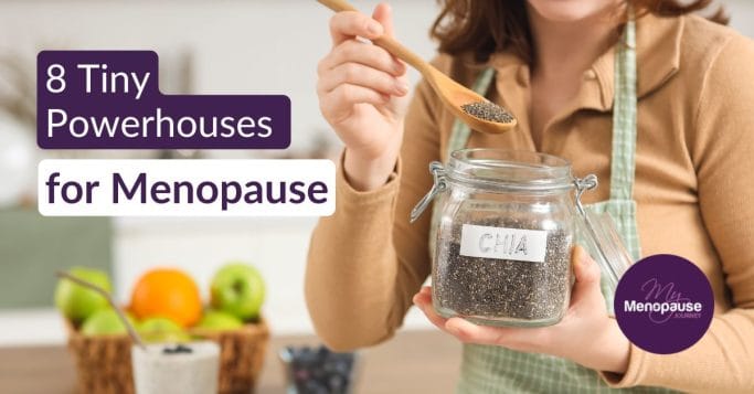 Midlife woman sprinkling the best seeds for menopause onto a breakfast bowl