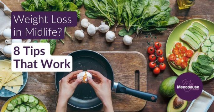 Midlife woman in her kitchen making a protein-rich breakfast — weight loss in midlife