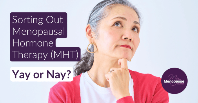 Midlife woman with grey hair pondering hand on chin — sorting out menopausal hormone therapy yay or nay
