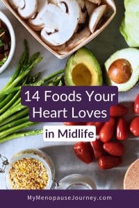 Flat lay of heart-healthy foods for menopause: salmon, berries, greens, nuts