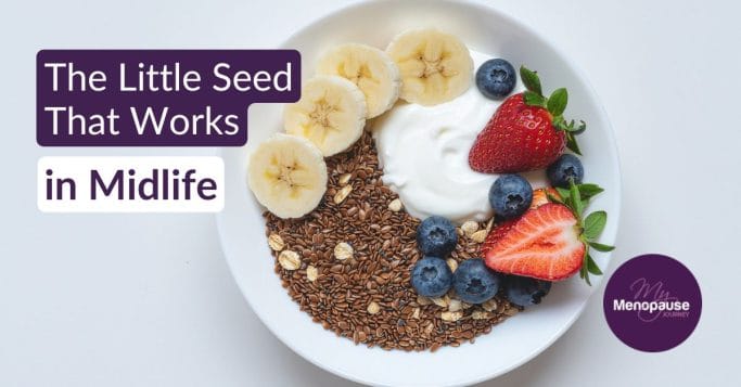 Yogurt bowl topped with ground flaxseed, banana and berries — flaxseed benefits for women