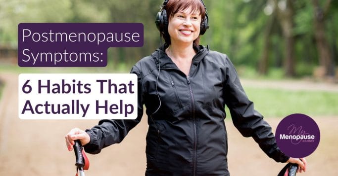 Smiling woman in her fifties walking outdoors — feeling her best in postmenopause