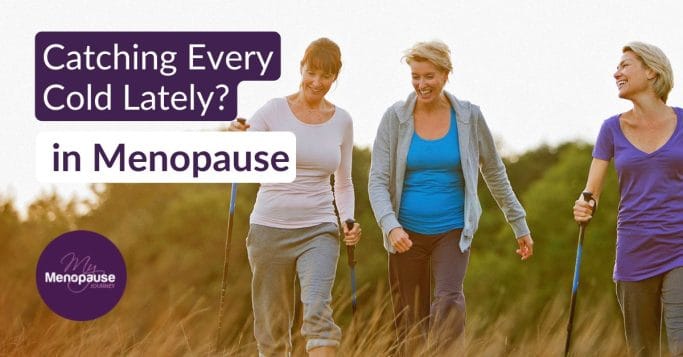 Three midlife women laughing on a Nordic walk, supporting their immune system in menopause