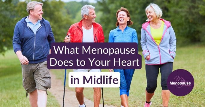 Smiling midlife woman walking outdoors, supporting menopause and cardiovascular health