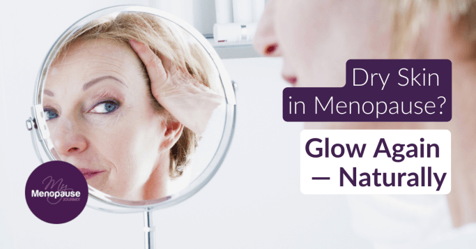Woman in her fifties looking at her face in a mirror — natural remedies for dry skin in menopause
