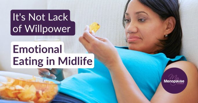 Woman over 50 reaching for chips and wine after a long day — stress eating in midlife