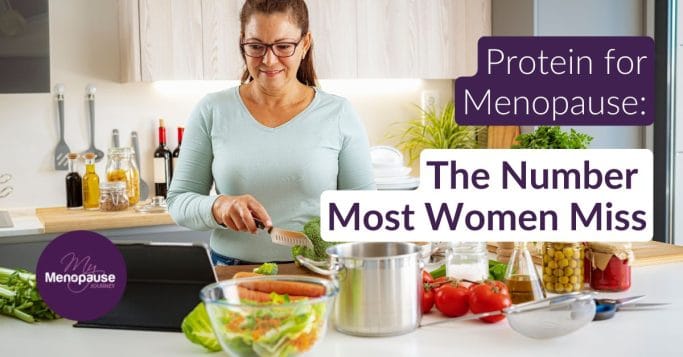 Midlife woman enjoying a high-protein meal of salmon and salad — protein for menopause