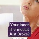 Woman in her fifties looking up, hand on her head, cooling off from a hot flash in menopause