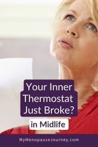 Woman in her fifties looking up, hand on her head, cooling off from a hot flash in menopause