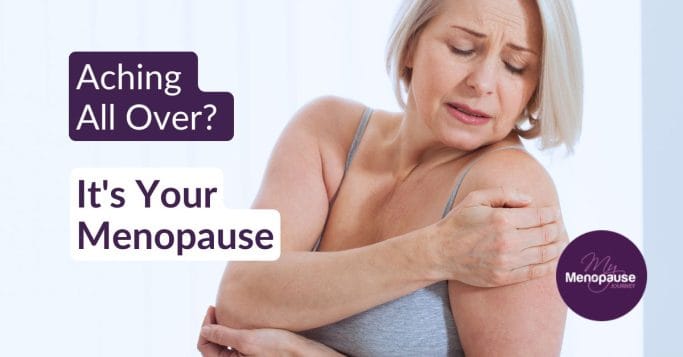 Midlife woman easing a sore shoulder at home — joint pain in menopause