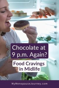 Pin on cravings in menopause: woman at the open fridge late at night
