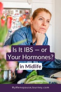 ibs-in-menopause-blog Pin: Is it IBS or your hormones? Woman resting her chin on her hand at the kitchen counter