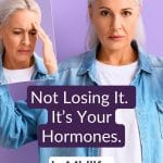 Calm midlife woman holding a photo of her stressed self — emotional symptoms of menopause