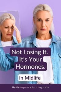emotional-symptoms-of-menopause-blog Calm midlife woman holding a photo of her stressed self — emotional symptoms of menopause