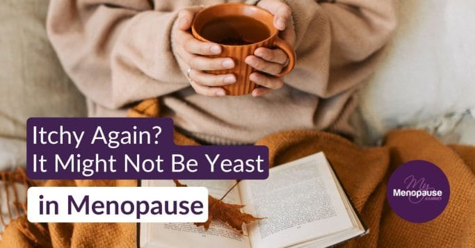 Midlife woman relaxing on the sofa with tea, calm after a yeast infection in menopause