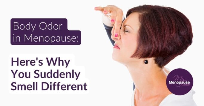 Midlife woman pinching her nose with a worried expression — body odor in menopause guide