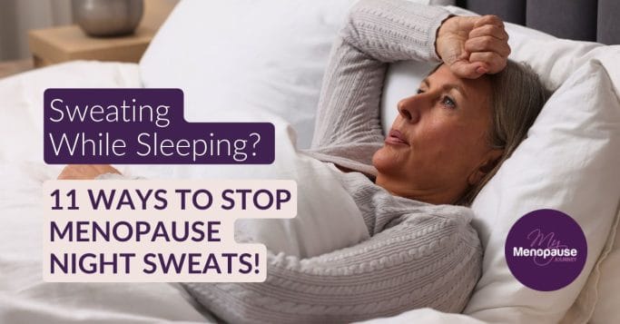 Woman lying awake in bed sweating while sleeping — menopause night sweats