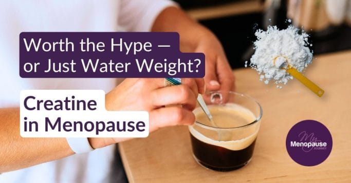 Midlife woman stirring creatine powder into her morning coffee — creatine for menopause