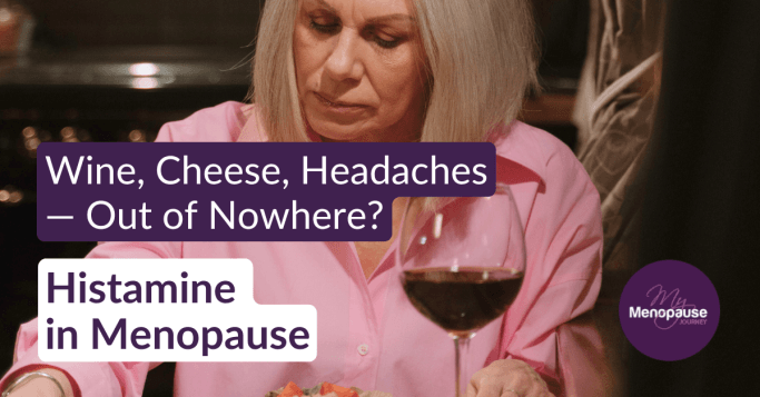 Midlife woman at a table with a glass of red wine — histamine intolerance in menopause